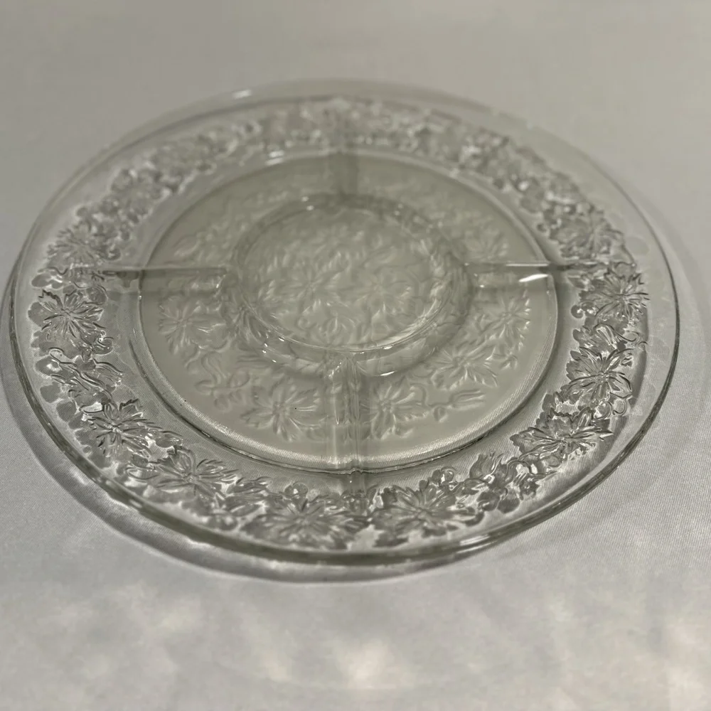 Vintage Poinsettia Frosted Glass Divided Serving Platter Holiday Christmas
